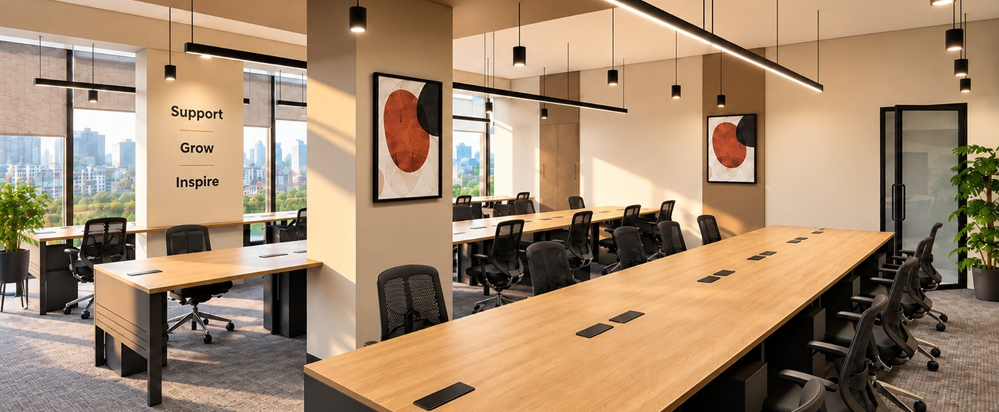 Managed office with long shared desks