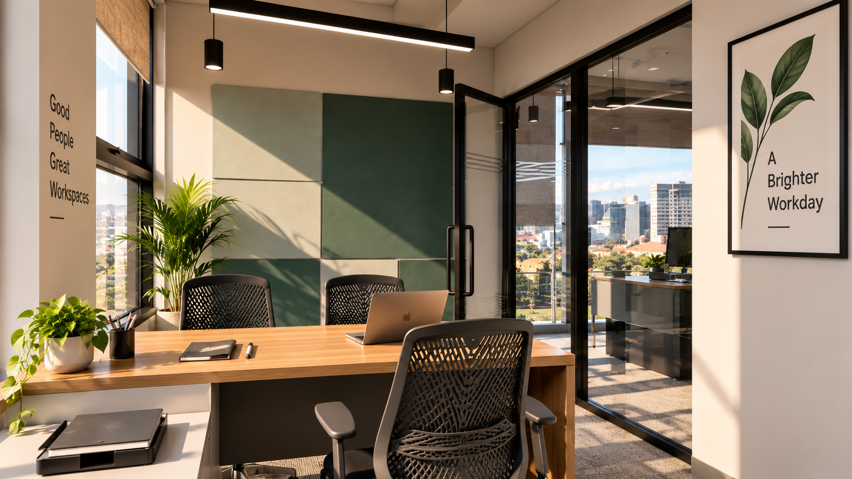 Private office with a glass partition and city view