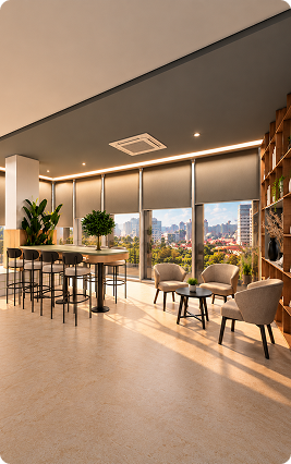 Bright Bootstart lounge with seating and city views